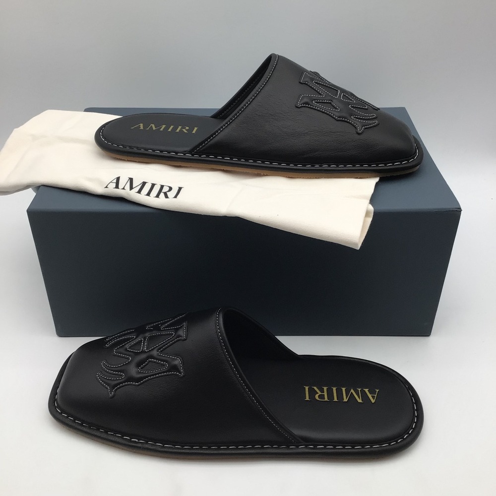 AMIRI MA Slipper Black Leather Monogram Square Toe Slide Mens Size 11 US NEW